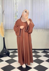 Simple-White Piping Abaya__Front Open-Soft Flowing Fabric Abaya