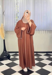 Simple-White Piping Abaya__Front Open-Soft Flowing Fabric Abaya