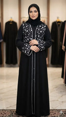 LAVENDER FLORAL EMBROIDERED FRONT OPEN ABAYA WITH STALLER