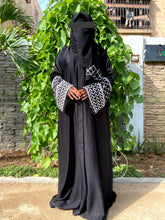 "Zaytun-Riwaaya" Classic Contrast Abaya | Black & White Palestinian Embroidery | Soft Flowing Fabric Abaya