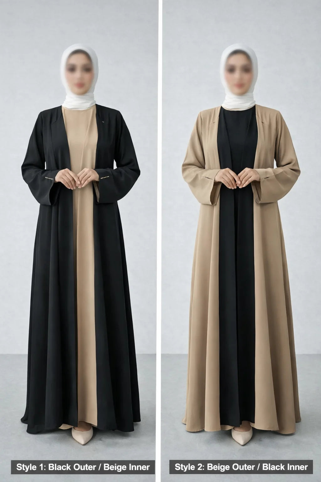 Duo Tone Luxe – 3 in 1 Coat Style Abaya ( SKIN & BLACK )