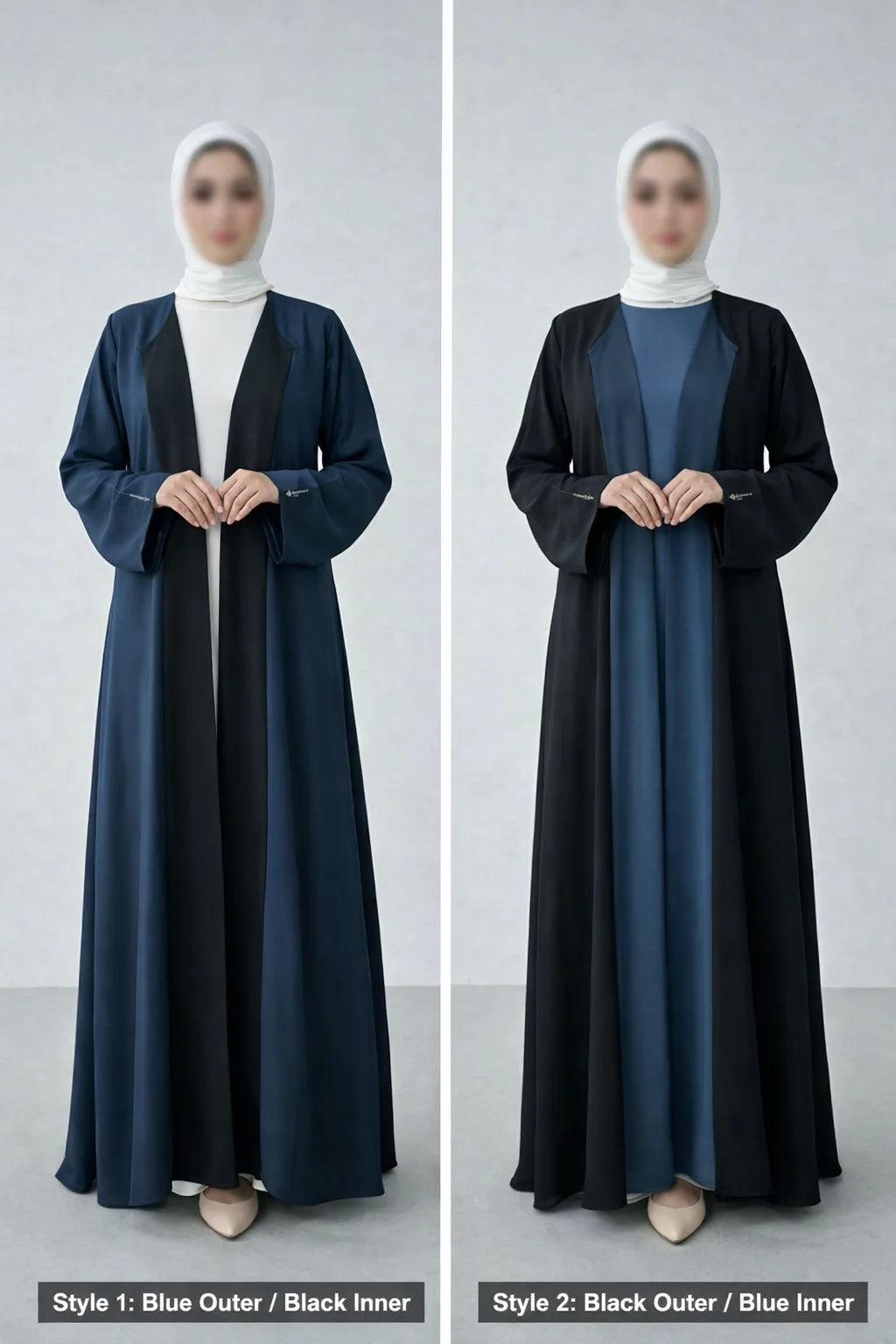 Duo Tone Luxe – 3 in 1 Coat Style Abaya ( NAVY-BLUE & BLACK )