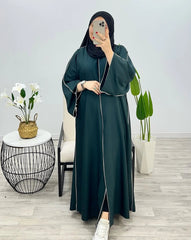 Simple-White Piping Abaya__Front Open-Soft Flowing Fabric Abaya
