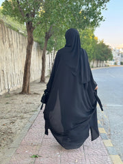 5-Pcs Black Tie Upper Abaya Set (Upper, Inner, Staller, Belt, Saudi Niqab)