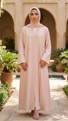 LAVENDER FLORAL EMBROIDERED FRONT OPEN ABAYA WITH STALLER