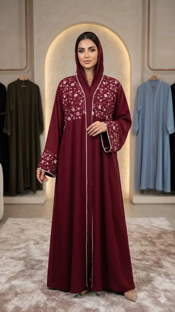 LAVENDER FLORAL EMBROIDERED FRONT OPEN ABAYA WITH STALLER