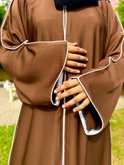 Simple-White Piping Abaya__Front Open-Soft Flowing Fabric Abaya